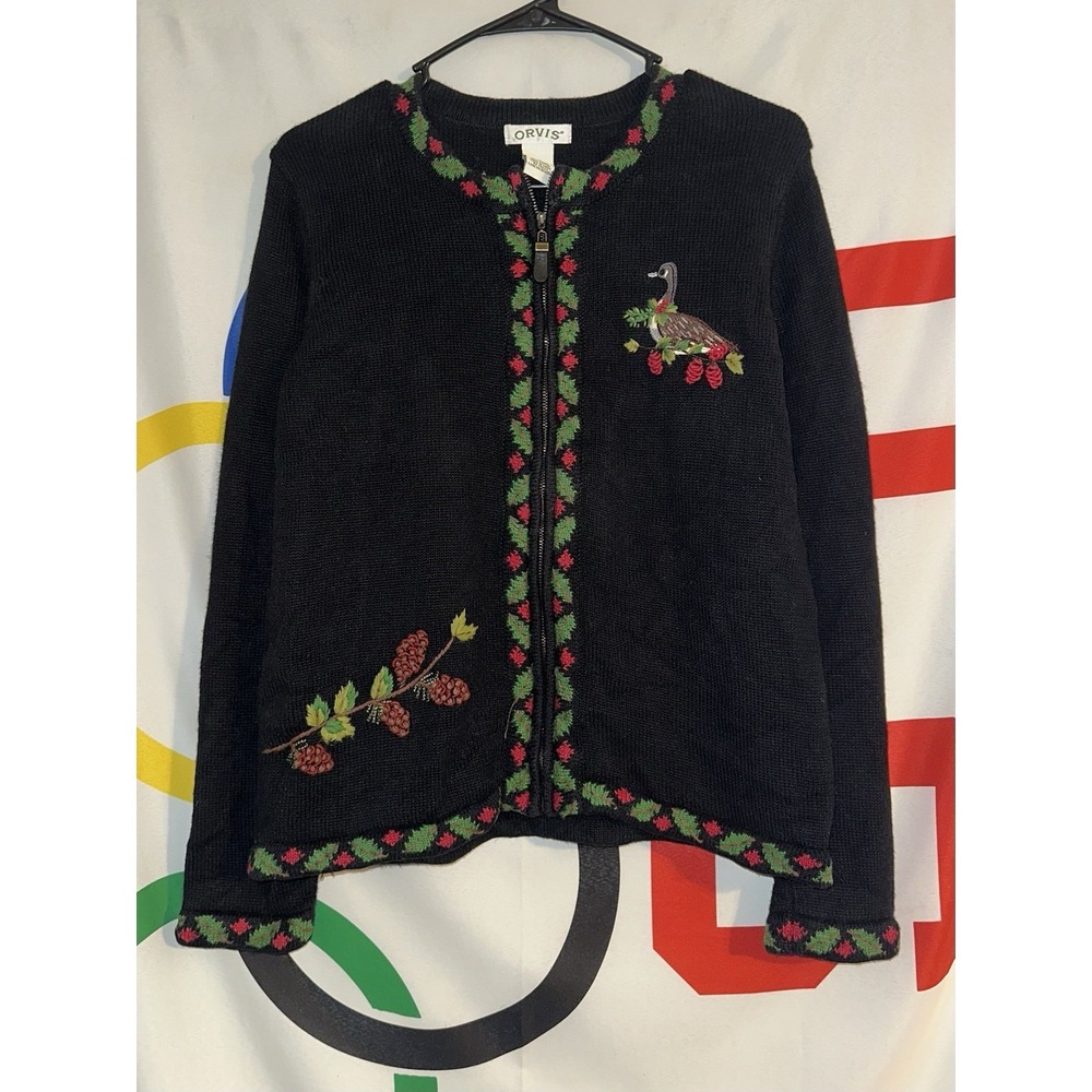 Orvis Duck Sweater Womens Small Holiday Mistletoe Holly Cardigan Full Zip